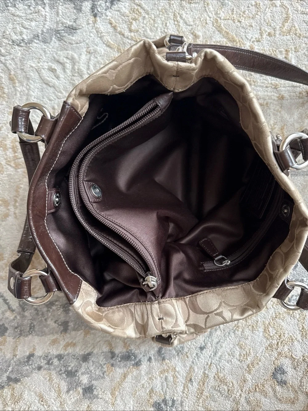 Coach Beige Signature Tote with Dark Brown Leather Trim